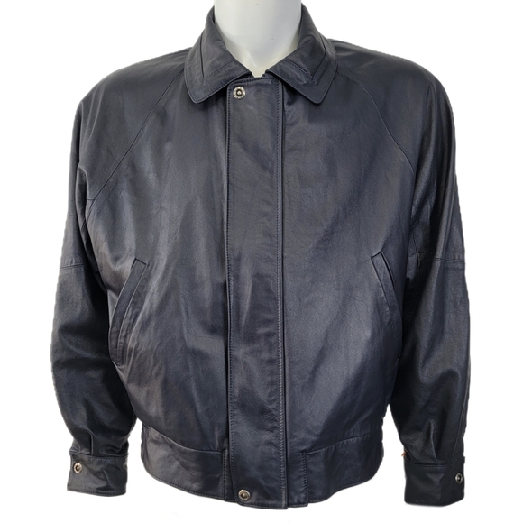 Dark Blue Moto Bomber Jacket Size 48/XL﻿ David 2 Leather Factory Florence Italy - Picture 1 of 6